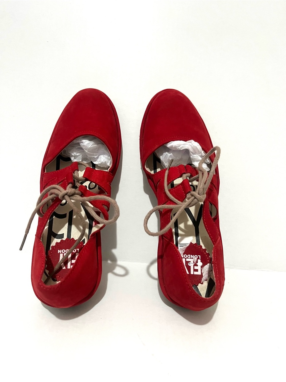 FLY London Leather Lace Up Front Wedge phis Lipstick Red Shoes.